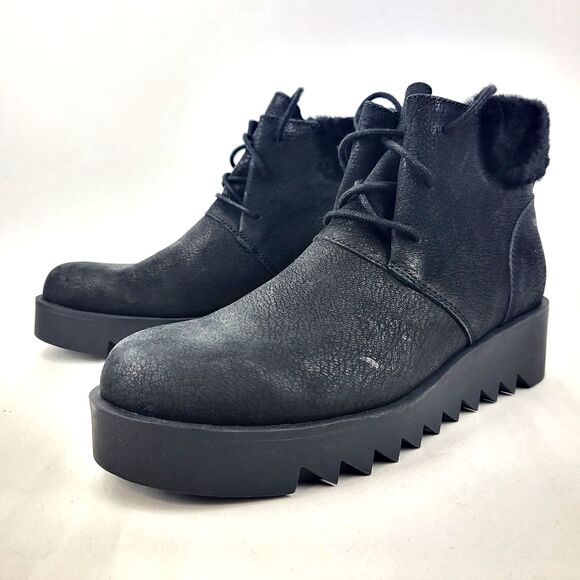 Eileen Fisher Kenille Genuine Shearling Trim Wedge Bootie Black Size 8 - Picture 1 of 11